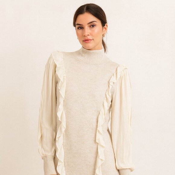 FIGARO Beige Sweater Long Sleeve Ruffle Knit Mini Dress  Quiet Luxury Size 2 - Picture 2 of 13